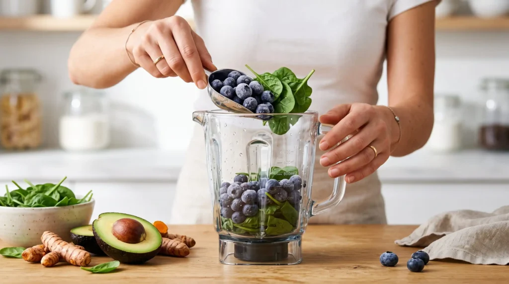 Mãos de uma especialista adicionando ingredientes frescos como mirtilos e folhas verdes em um liquidificador de alta potência em ambiente profissional.