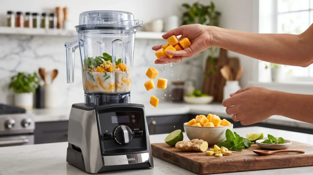 essoa adicionando ingredientes frescos como mirtilos e cúrcuma em um liquidificador de alta performance na cozinha.