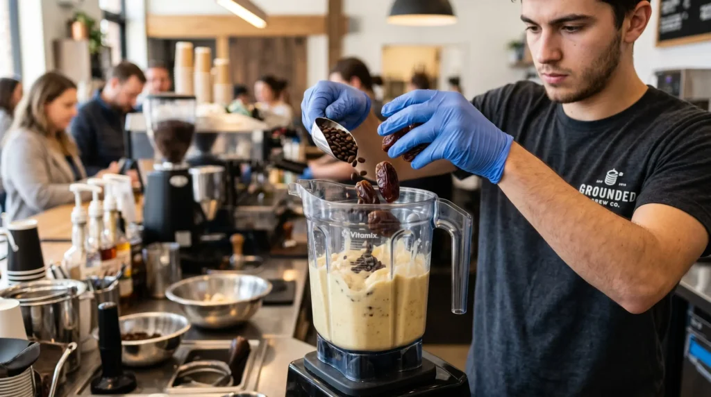 Mãos de barista adicionando tâmaras Jumbo e café a um smoothie cremoso em liquidificador industrial.