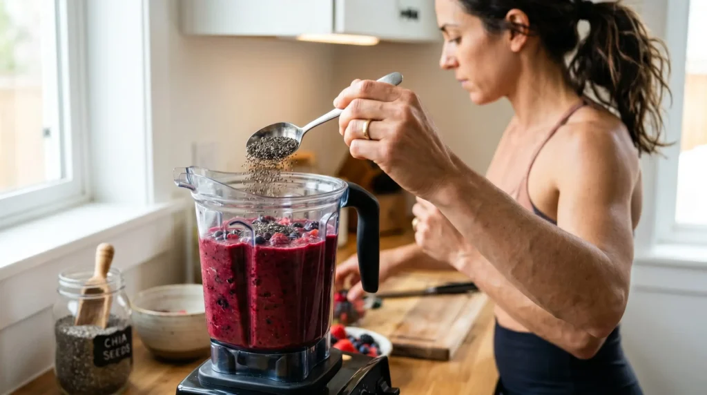 Mulher atleta adicionando sementes de chia a um smoothie vermelho de frutas vermelhas no liquidificador.