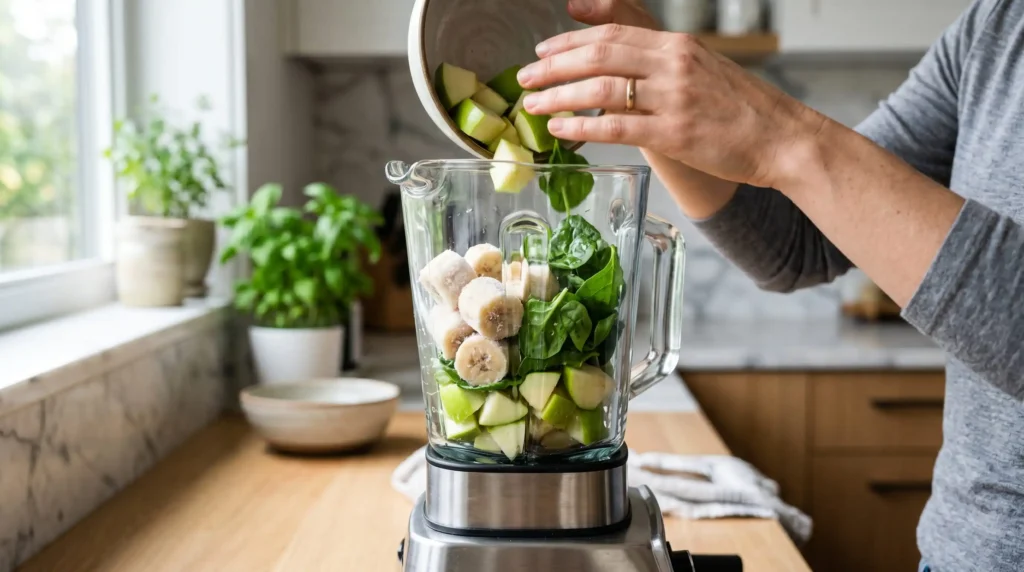 Pessoa colocando pedaços de banana congelada e folhas de espinafre no liquidificador.