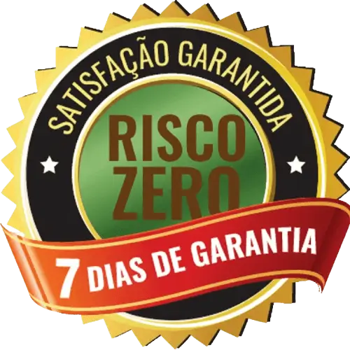 Selo redondo dourado e verde de satisfação garantida com a inscrição Risco Zero e faixa vermelha indicando 7 dias de garantia incondicional.