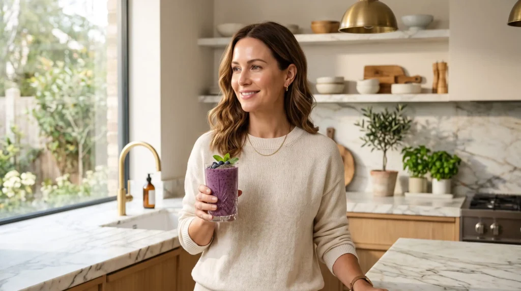 Mulher elegante em cozinha moderna segurando um copo de smoothie antioxidante roxo, sorrindo de forma sutil, representando longevidade e bem-estar.