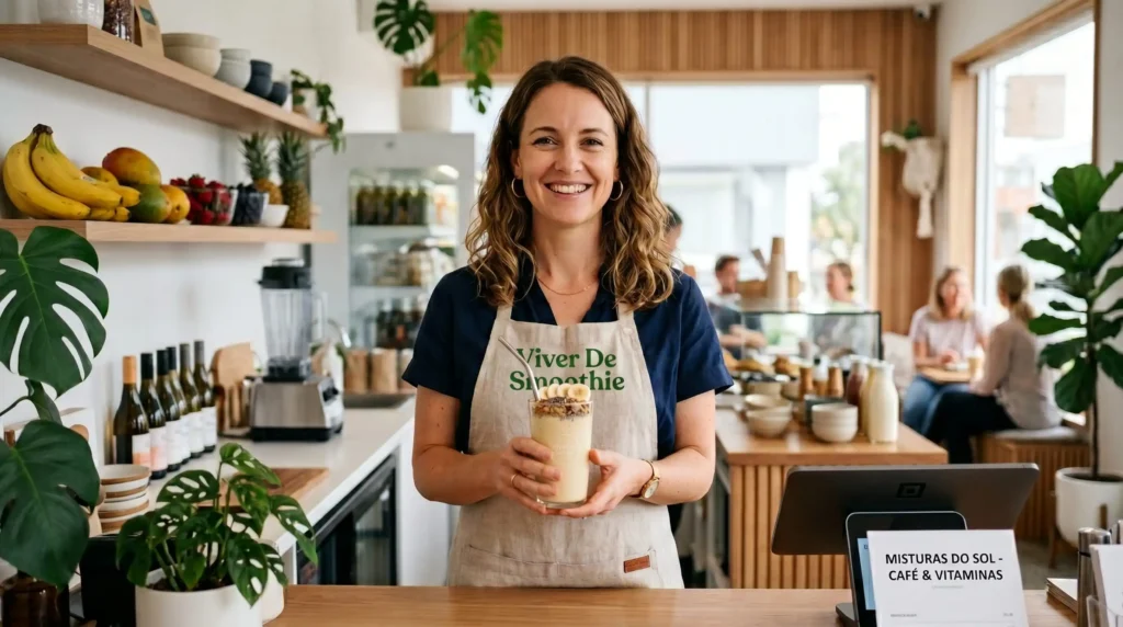 Empreendedora de sucesso sorrindo e segurando um smoothie de banana gourmet em um ambiente de café ou quiosque moderno.