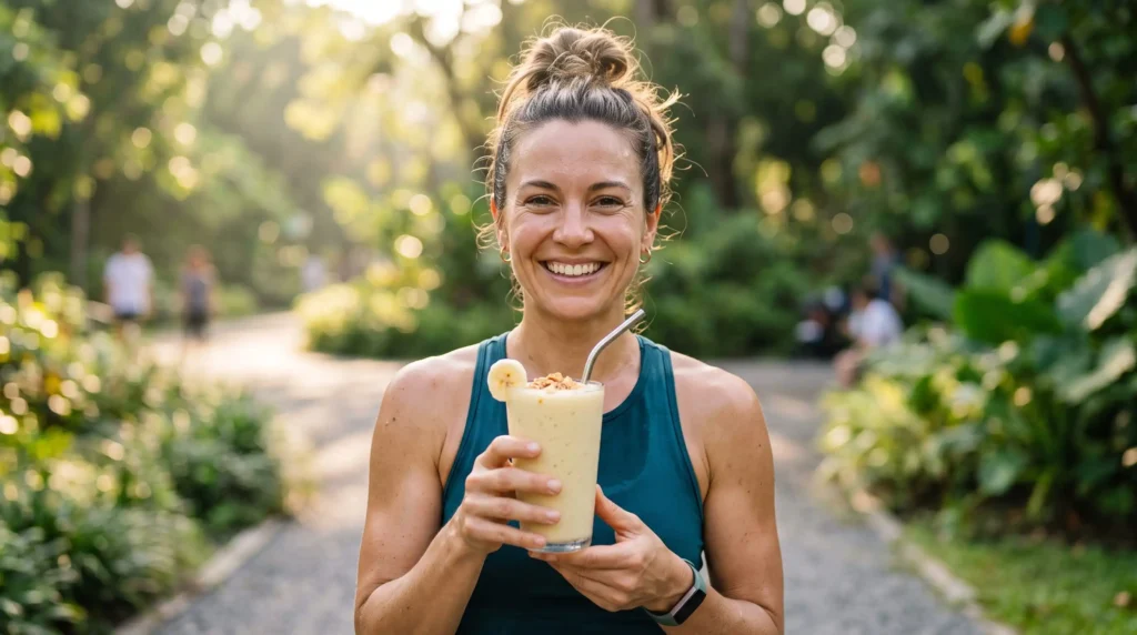 Mulher atlética sorrindo e segurando um smoothie de banana cremoso após um treino ao ar livre.