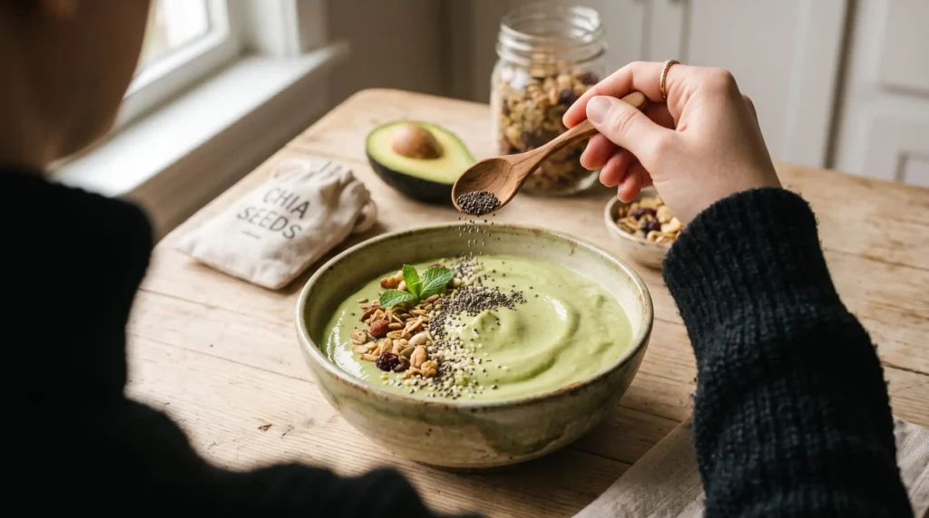 Uma pessoa adicionando sementes de chia sobre um smoothie de banana com espinafre e abacate.