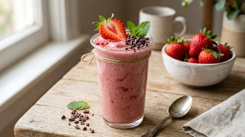 Smoothie de morango cremoso e espesso em copo de vidro com morangos frescos e hortelã ao fundo.