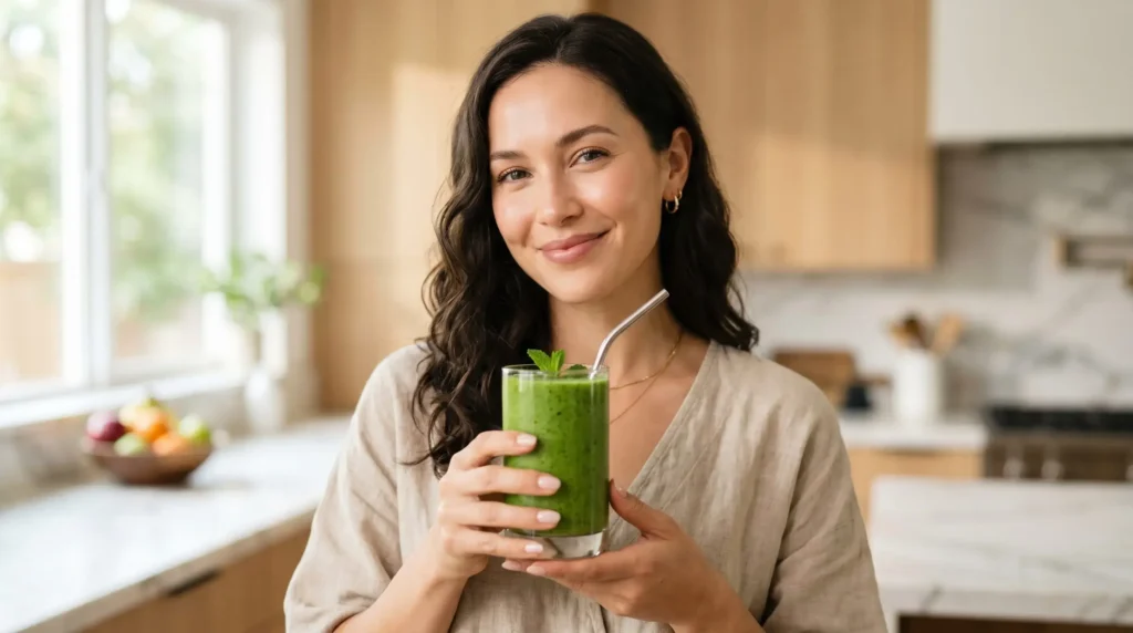 Mulher sorrindo na cozinha enquanto segura um copo de smoothie verde detox premium, transmitindo saúde e energia.