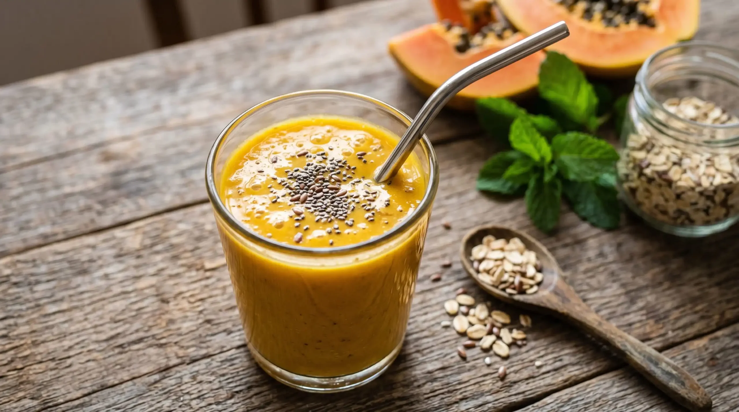 Smoothie funcional para saúde intestinal de mamão, aveia e linhaça em copo de vidro com canudo de inox, decorado com sementes e hortelã sobre mesa de madeira.