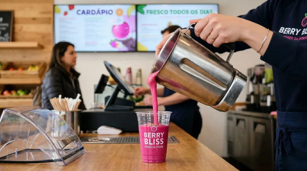 Mão de uma funcionária servindo um smoothie perfeito e padronizado em um copo premium com a marca da loja.