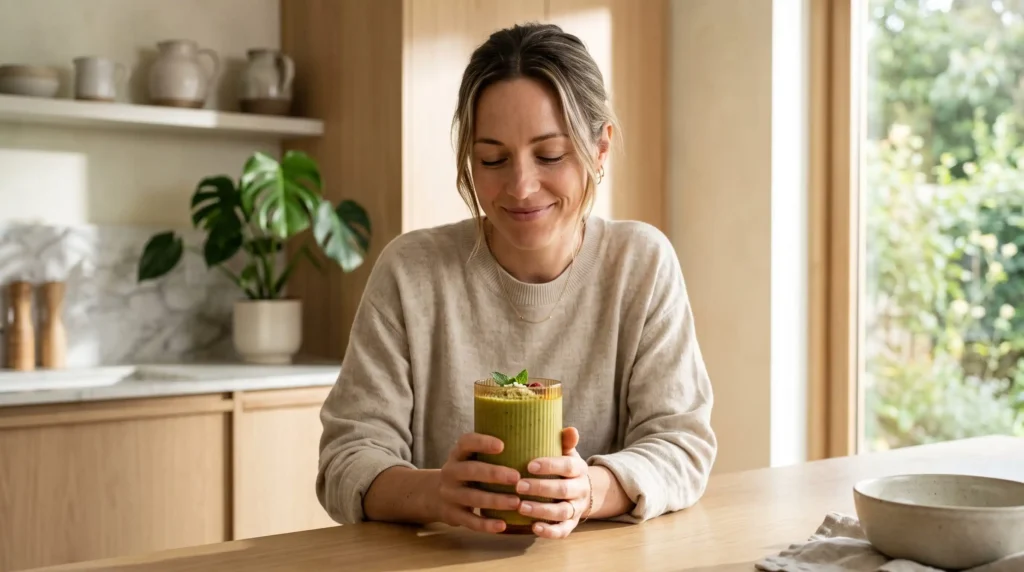 Mulher sorrindo de olhos fechados enquanto segura um smoothie verde funcional em um copo de vidro premium, transmitindo calma e bem-estar.