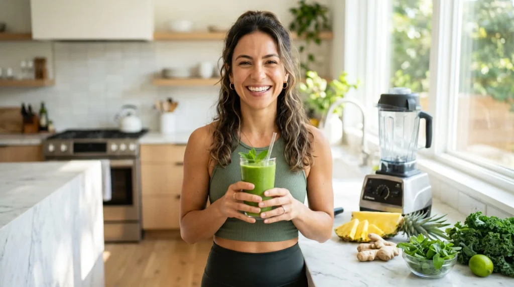 Mulher sorrindo na cozinha enquanto segura um copo de smoothie verde funcional para emagrecer.