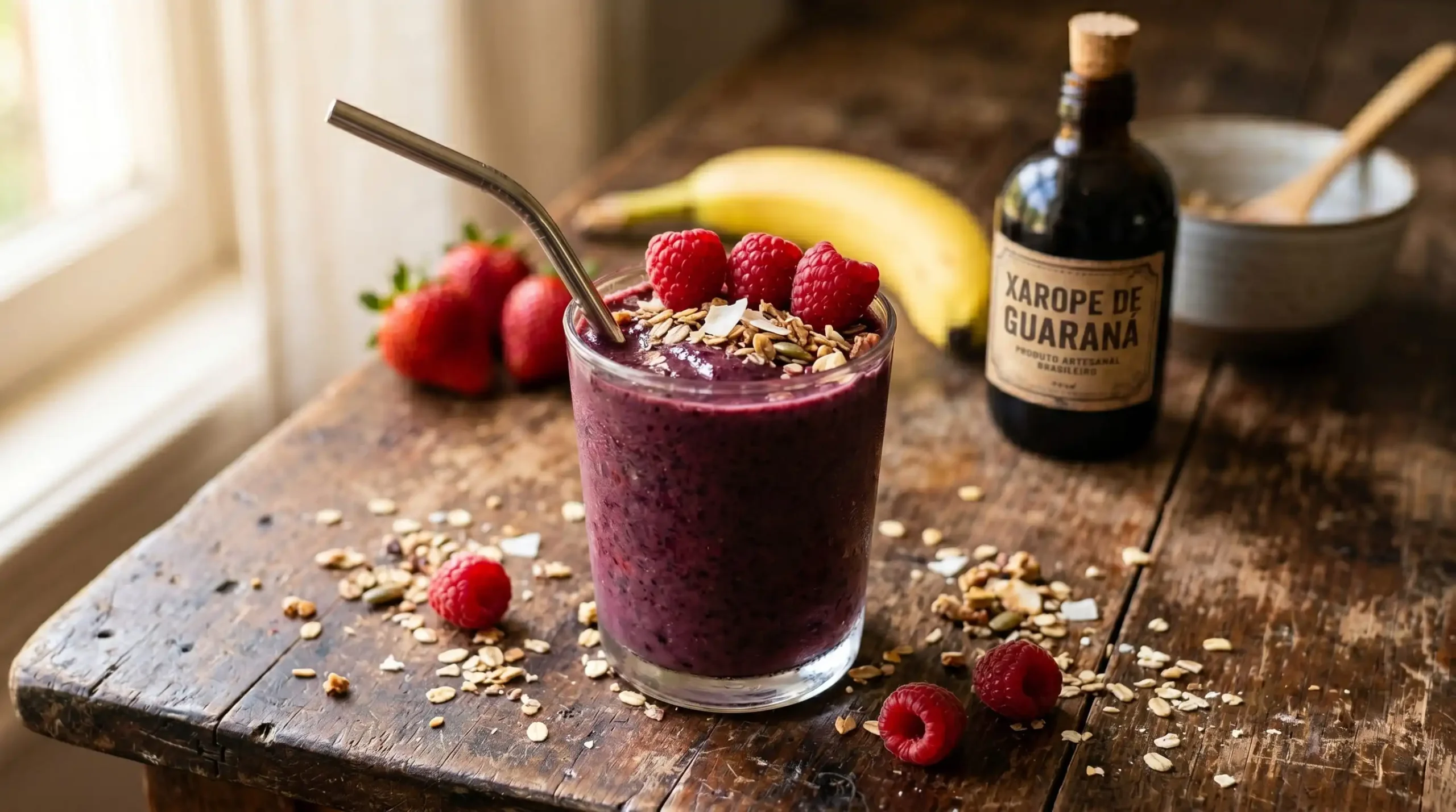 Smoothie pré-treino de banana com café e cacau em copo de vidro com canudo de inox, cercado por grãos de café e lascas de coco sobre a bancada de madeira.