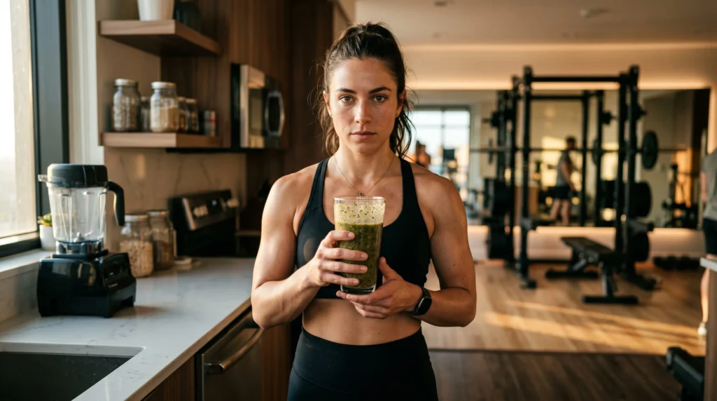 Mulher atlética segurando um smoothie pré-treino verde escura em um copo de vidro, com uma expressão de foco e determinação.