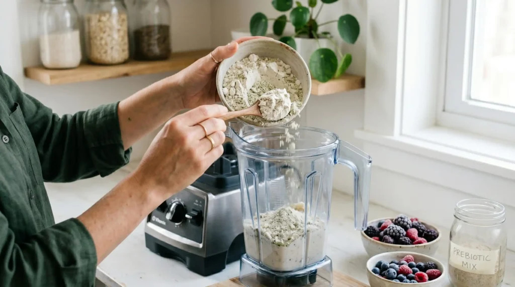 Mãos femininas adicionando ingredientes prebióticos frescos a um liquidificador para preparar um smoothie para a saúde da microbiota intestinal.