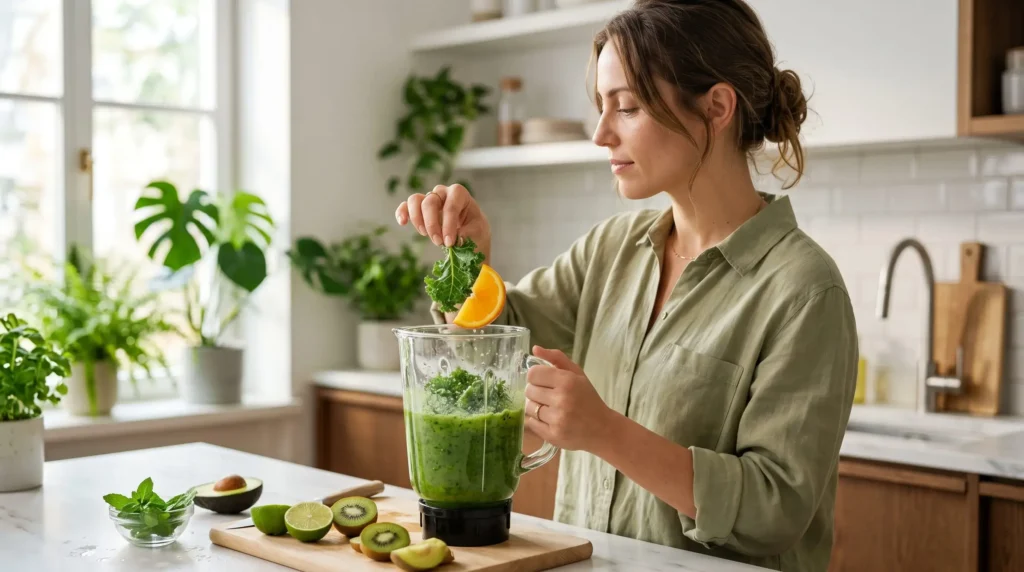 Mulher jovem e radiante sorri enquanto prepara um smoothie verde funcional, adicionando couve e frutas cítricas em um liquidificador em uma cozinha moderna e iluminada.
