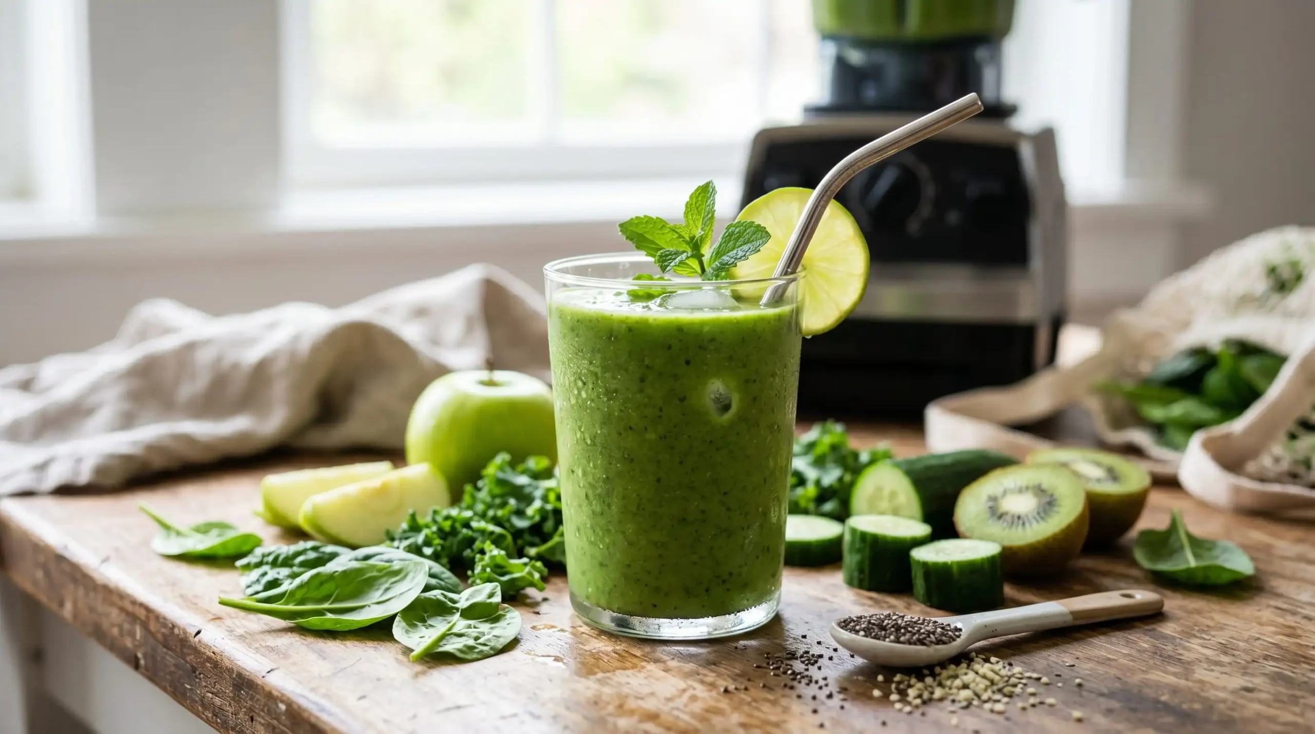 Smoothie verde termogênico em copo de vidro com canudo e roela de limão, cercado por ingredientes frescos como kiwi, maçã verde e sementes de chia sobre bancada de madeira.
