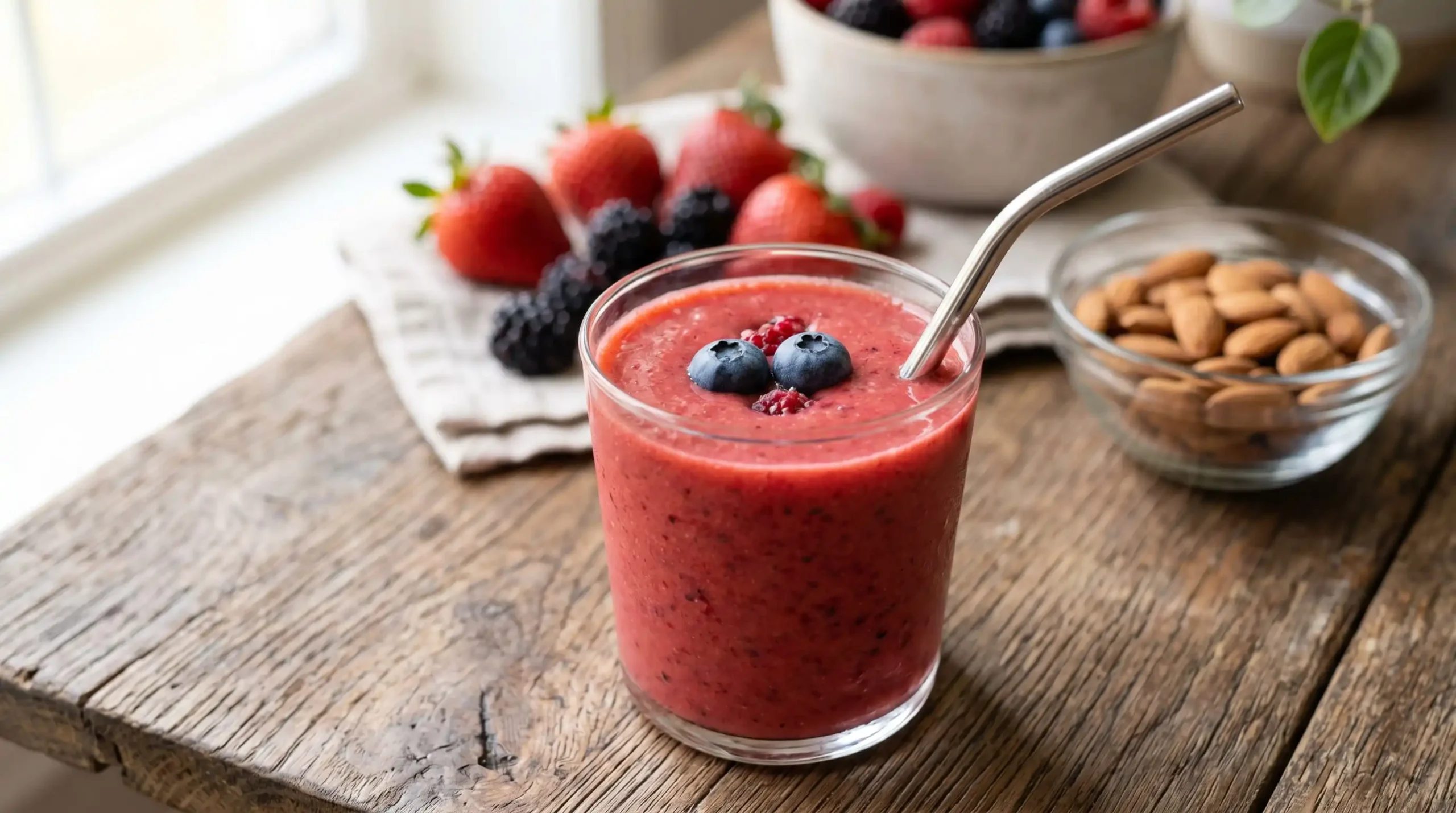 Smoothie antioxidante low sugar de frutas vermelhas para vitalidade sênior, em copo de vidro com canudo de inox, cercado por mirtilos e morangos frescos na bancada.