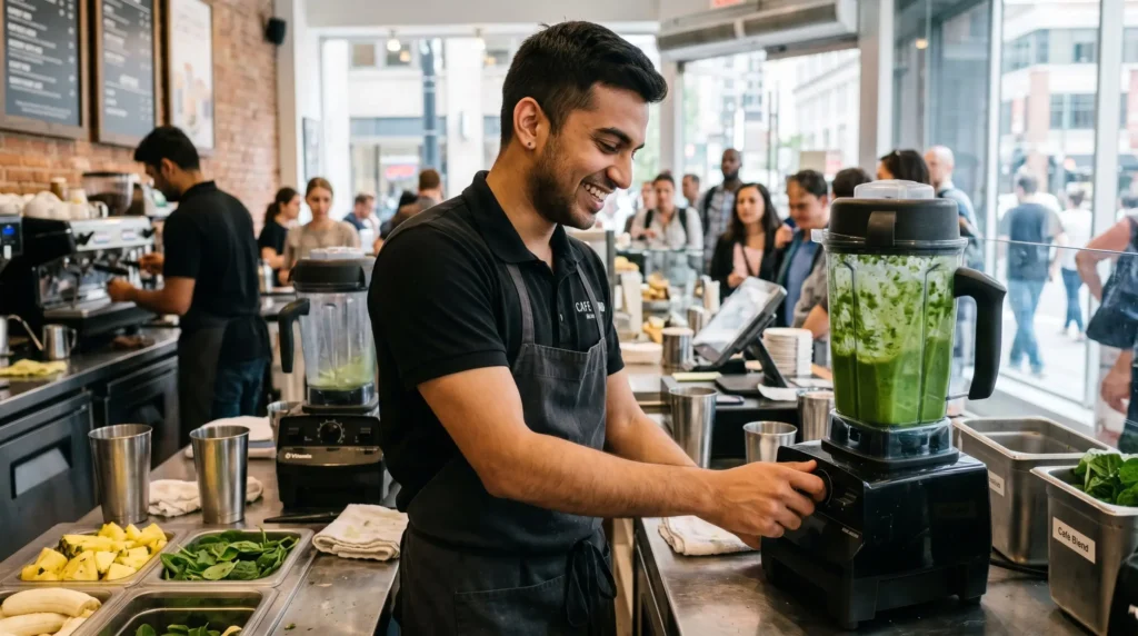 Barista sorrindo enquanto usa liquidificador Vitamix industrial em operação de alta velocidade.