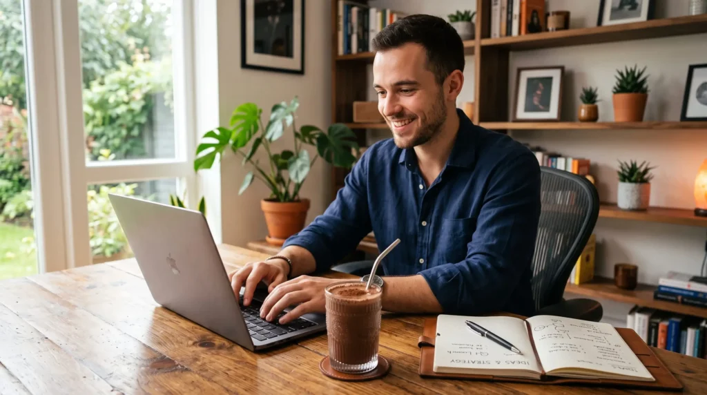 Empreendedor digital trabalhando no notebook em uma mesa de madeira ao lado de um smoothie proteico de cacau.