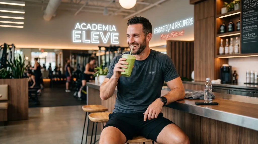 Atleta na academia consumindo um smoothie pós-treino proteico.