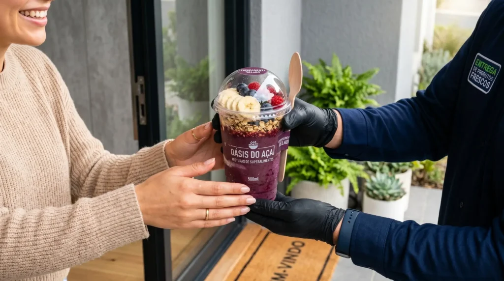 Pessoa recebendo uma entrega de smoothie com embalagem térmica segura