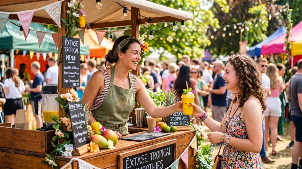 Atendimento ao cliente em uma food bike de smoothies em evento ao ar livre.