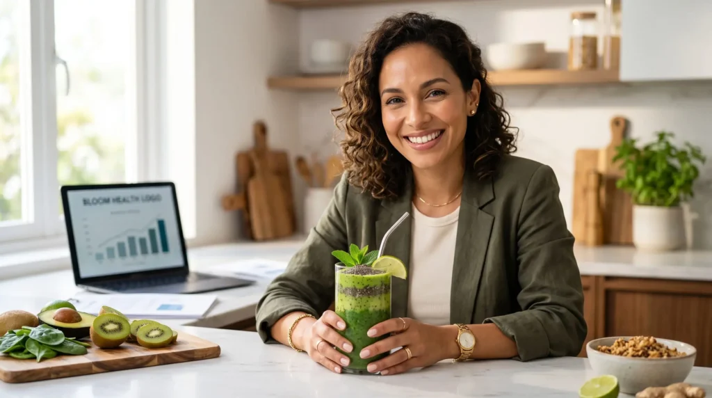 Mulher jovem sorrindo em uma cozinha moderna enquanto segura um copo de smoothie verde funcional, representando o sucesso em como vender smoothies na internet.