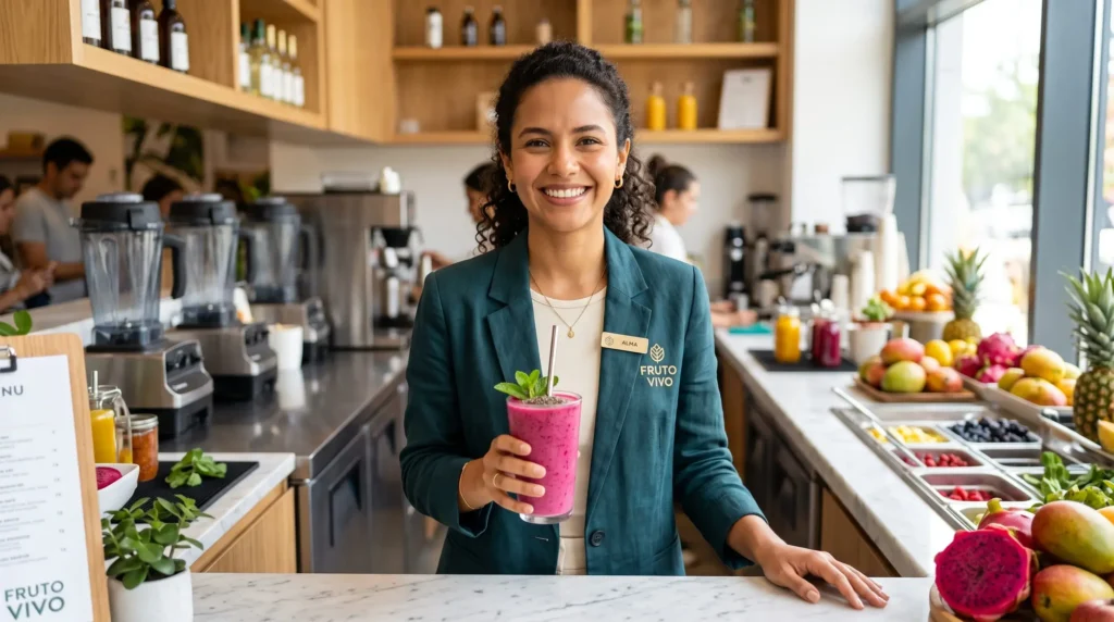 Mulher sorridente em um balcão moderno preparando um smoothie funcional de frutas vermelhas.