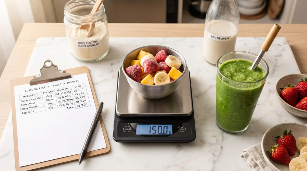 custo-por-copo-smoothie-ficha-tecnica Ficha técnica de smoothie com ingredientes pesados em balança de precisão, copo de 400 ml e planilha de custo, ilustrando o controle de CMV por copo.