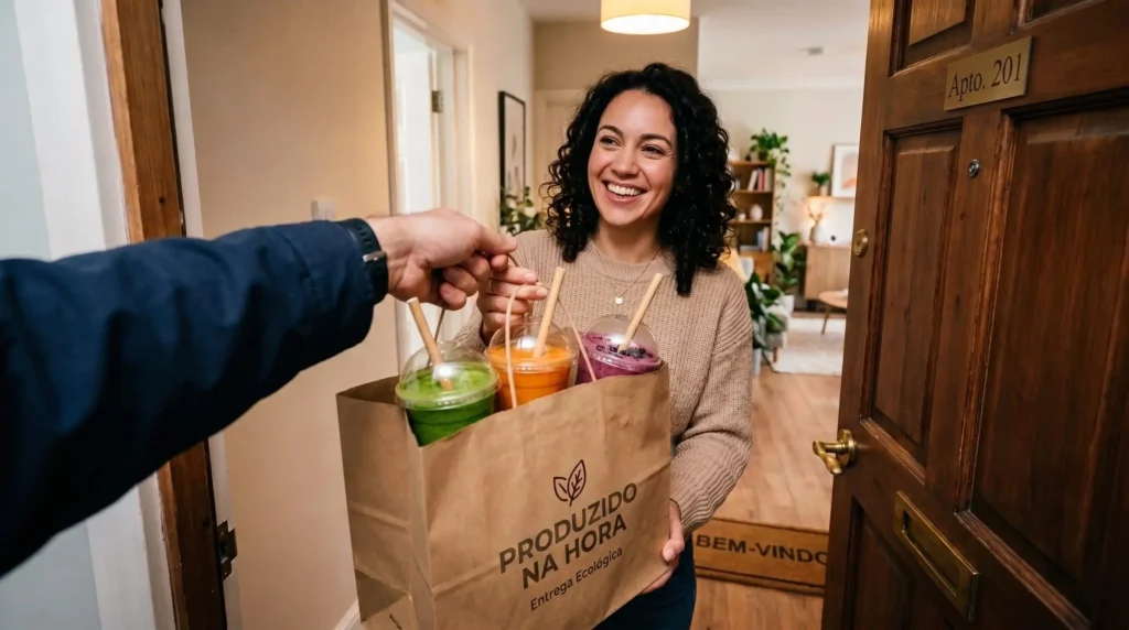 Cliente sorridente recebendo uma sacola de delivery de papel kraft sustentável com o pedido de smoothies saudáveis feitos pela internet.