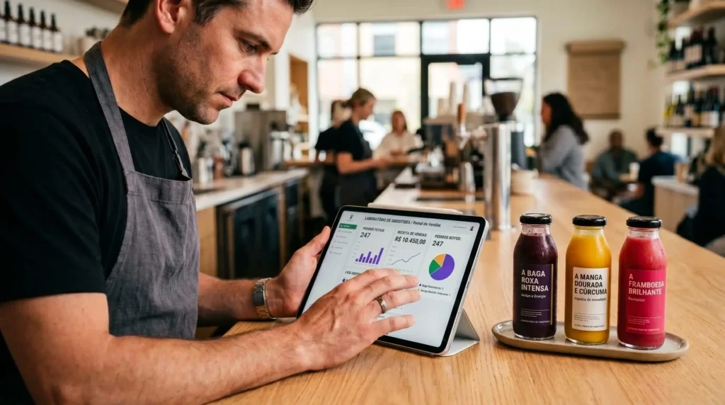 Empreendedor gastronômico analisando métricas de vendas digitais em um tablet ao lado de garrafas de smoothies coloridos prontos para entrega.