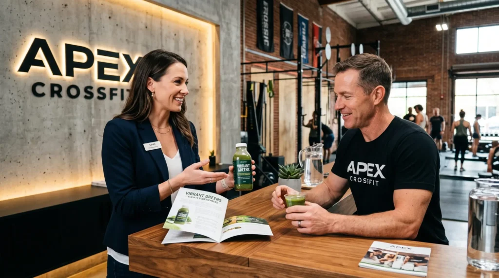 Empreendedora de sucesso apresentando uma amostra de smoothie funcional e uma ficha técnica para o proprietário de um box de crossfit durante uma reunião de negócios na recepção.