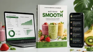 Mockup digital do kit do Método SMOOTH — Programa de Aceleração mostrando um livro impresso de mentoria e aceleração, um notebook com planilha de controle financeiro e um smartphone com o grupo de suporte e comunidade ativa de alunos.
