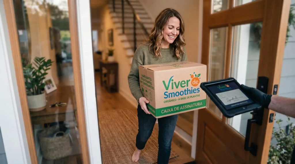 Uma cliente sorridente e relaxada abre a porta de casa para receber sua caixa de assinatura mensal de kits de smoothies.