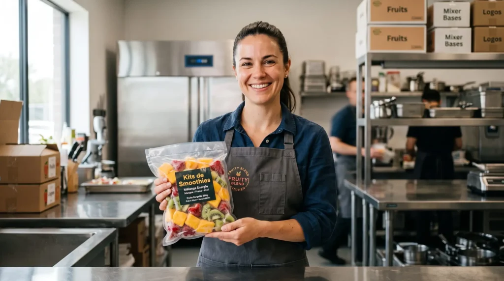 Close de uma mulher sorridente em uma cozinha industrial, segurando um dos kits de smoothies ultra-congelado vibrante.
