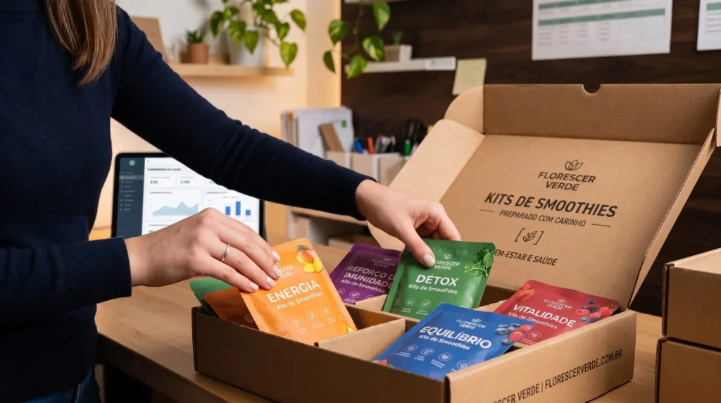 Mãos de uma empreendedora organizando kits de smoothies ultra-congelados para envio, transmitindo sucesso e ordem.