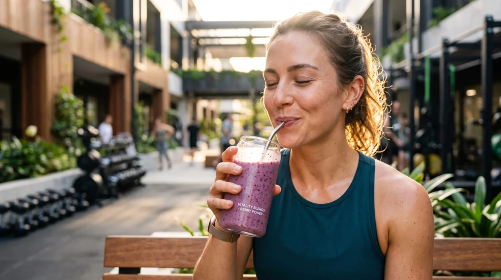 Close de uma mulher atlética e focada bebendo um smoothie cremoso e funcional após o treino.