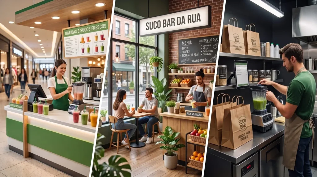 Comparação visual entre os três modelos de negócio de smoothies: quiosque de shopping, loja de bairro e dark kitchen de delivery.