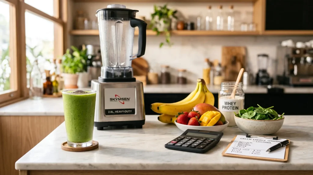 negocio-de-smoothies-como-abrir-operacao-lucrativa Copo de smoothie verde ao lado de frutas frescas, liquidificador industrial e uma calculadora, representando a abertura de um negócio de smoothies lucrativo.