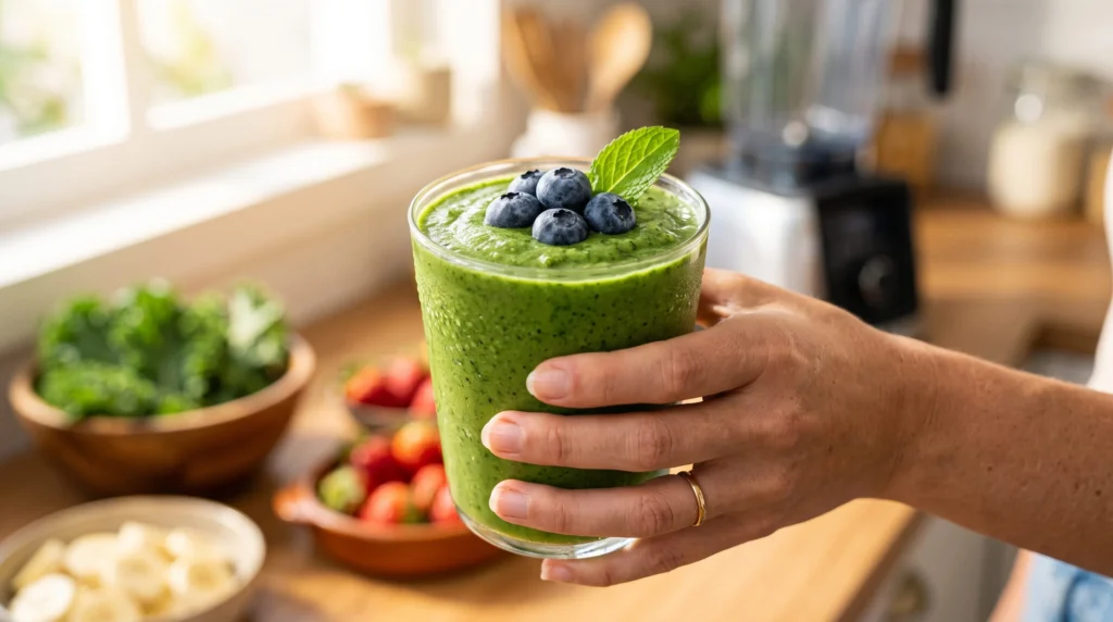 pilar-smoothies-mundo-saudavel-B2C-destaque Close de mão segurando copo de smoothie verde cremoso com frutas frescas e couve em cozinha luminosa, simbolizando saúde e nutrição funcional do Pilar Mundo Saudável do Portal Viver de Smoothies.