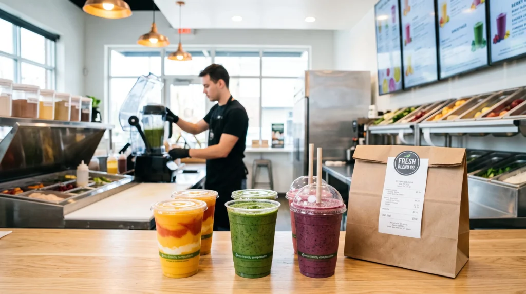 pilar-smoothies-negocios-delivery-B2B-destaque Balcão de loja moderna de smoothies com copos de delivery transparentes, smoothies coloridos, embalagens personalizadas e liquidificador profissional, representando o Pilar Negócios e Delivery do Portal Viver de Smoothies.