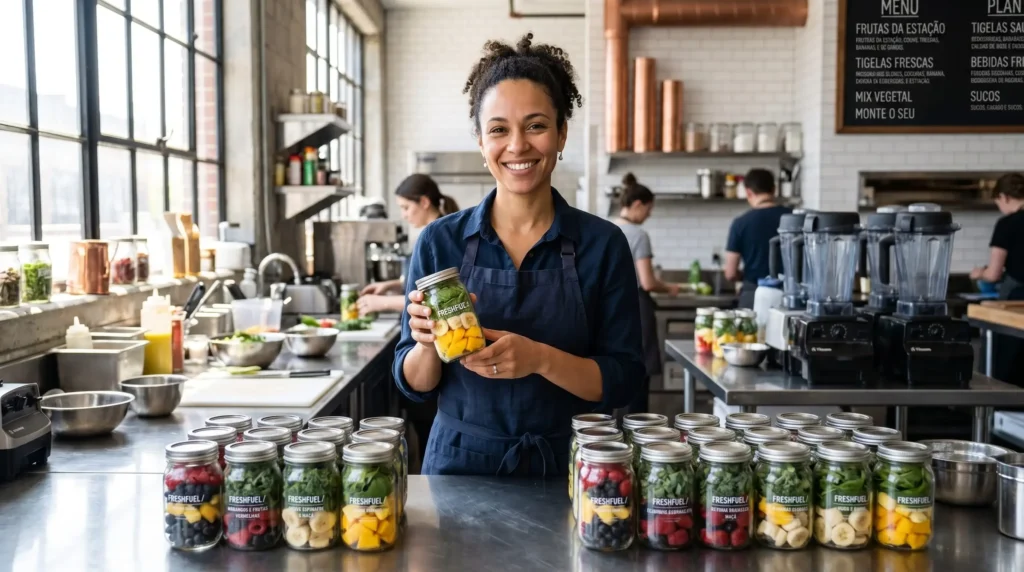 pre-porcionamento de frutas. Mulher empreendedora sorrindo na cozinha industrial organizando potes de vidro com frutas pré-porcionadas e coloridas para smoothies funcionais.