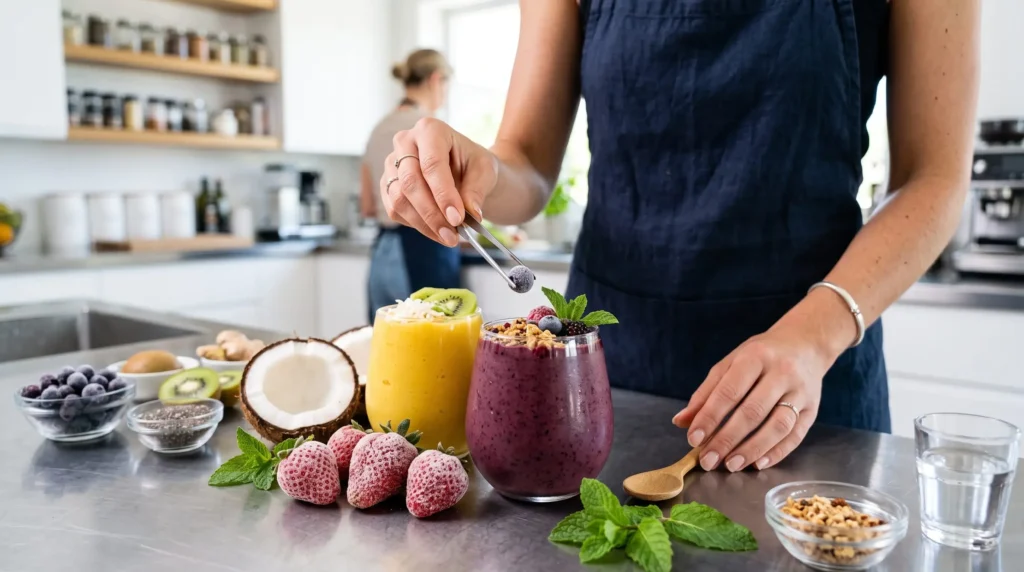 Nutricionista ou especialista em alimentação funcional organizando frutas congeladas e copos de smoothies ultra-cremosos em uma bancada de inox industrial.