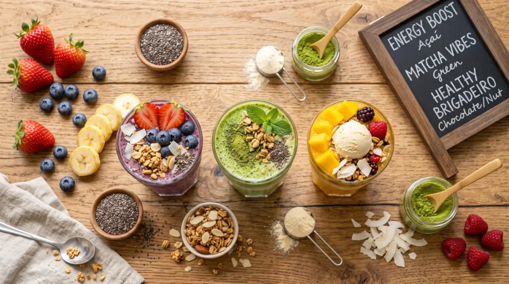 Smoothies funcionais em camadas com frutas, whey e matchá sobre bancada rústica — cardápio inovador do Método Smooth.