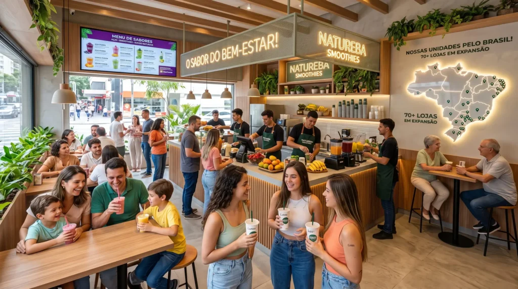 Loja de smoothies lotada com clientes e mapa de expansão, modelo de franquia acelerado do Método Smooth.
