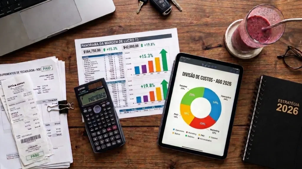 Planilhas financeiras, calculadora e tablet com gráficos ao lado de smoothie, gestão de custos ensinada pelo Método Smooth.