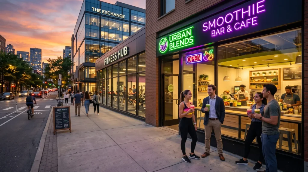 Loja de smoothies em ponto estratégico próximo a academia e escritórios, com clientes segurando smoothies coloridos ,Método Smooth.