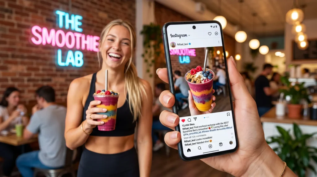 Smartphone com postagem de influenciadora segurando smoothie, mostrando engajamento — estratégia de marketing do Método Smooth.