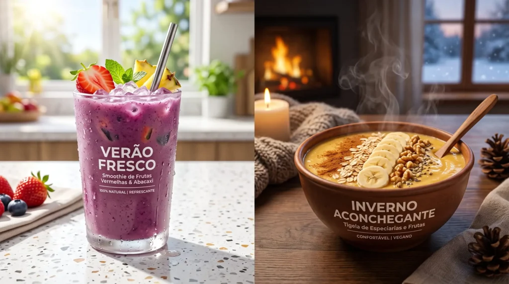 Smoothie gelado de verão ao lado de smoothie cremoso quente de inverno, estratégia do Método Smooth contra sazonalidade.